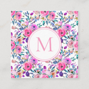Roze monogram Waterverf Flowers Vierkante Visitekaartje
