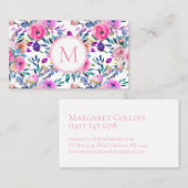 Roze monogram Waterverf Flowers Visitekaartje (Voorkant / Achterkant)