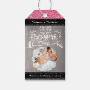 Roze Monogram Weddenschap Foto Damask Pattern Cadeaulabel