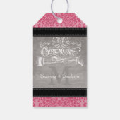 Roze Monogram Weddenschap Foto Damask Pattern Cadeaulabel (Achterkant)