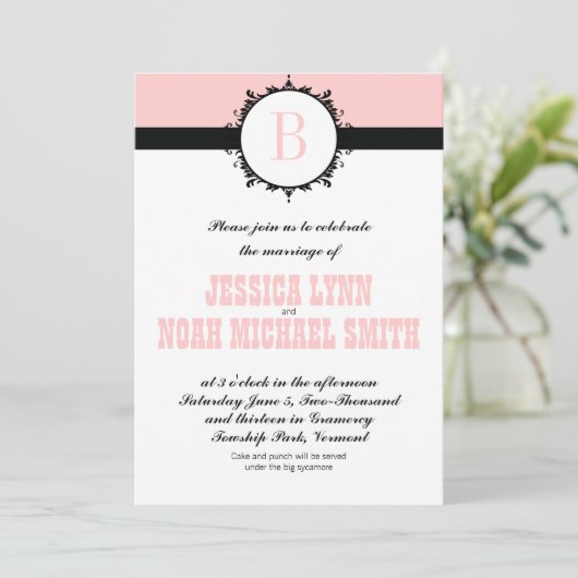 Roze Monogram Weddenschap Uitnodigen of een kleur Kaart (Staand voorkant)
