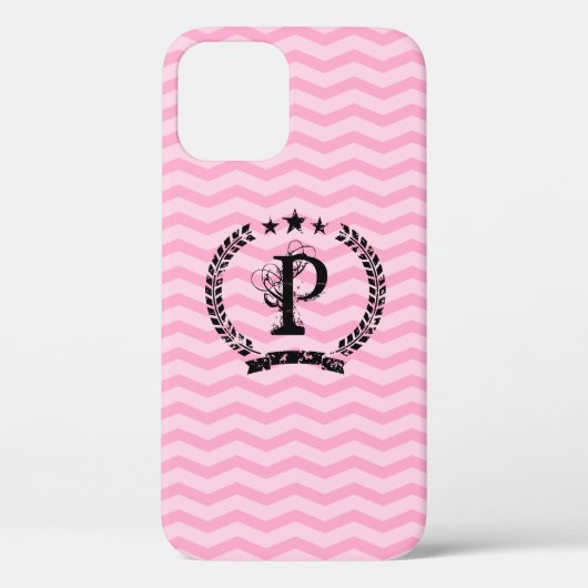 Roze monogrammed chevron patroon iPhone 12 hoesje (Achterkant)