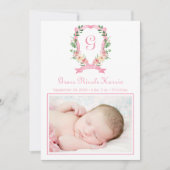 Roze Monogrammed Crest Birth Announement Aankondiging (Voorkant)