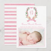 Roze Monogrammed Crest Birth Announement Aankondiging (Voorkant / Achterkant)