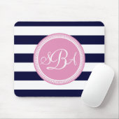 Roze monogrammed Navy Blue Stripe, gepersonaliseer Muismat (Met muis)