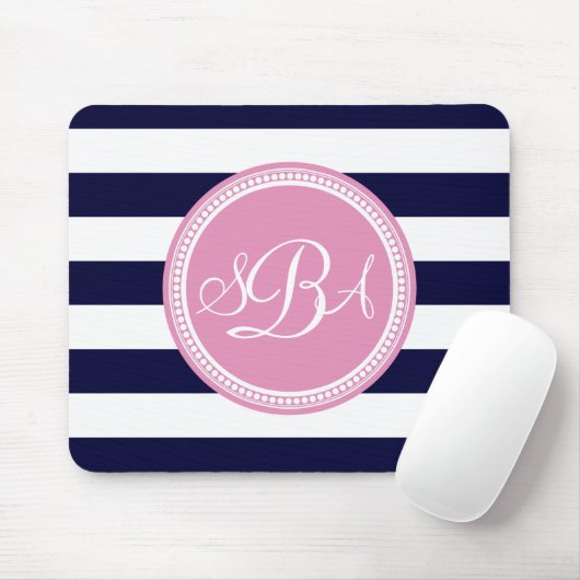 Roze monogrammed Navy Blue Stripe, gepersonaliseer Muismat (Met muis)