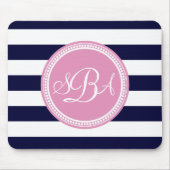 Roze monogrammed Navy Blue Stripe, gepersonaliseer Muismat (Voorkant)