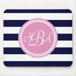 Roze monogrammed Navy Blue Stripe, gepersonaliseer Muismat