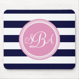 Roze monogrammed Navy Blue Stripe, gepersonaliseer Muismat