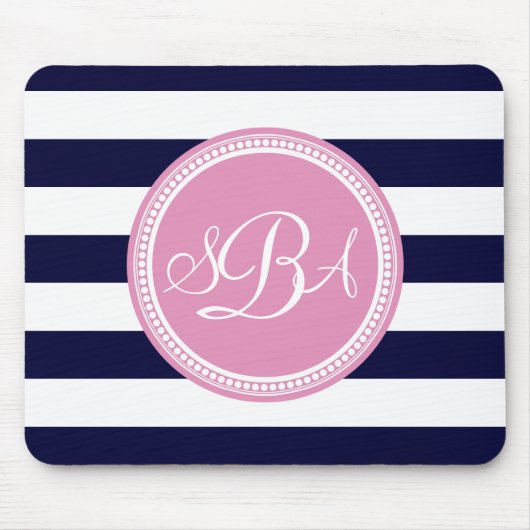 Roze monogrammed Navy Blue Stripe, gepersonaliseer Muismat (Voorkant)