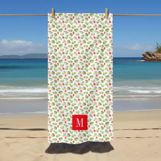 Roze monogrammen Tropische palmbladeren Patroon Strandlaken