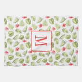 Roze monogrammen Tropische palmbladeren Patroon Theedoek (Horizontaal)