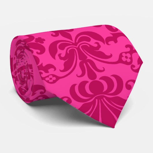 Roze Monotonen 2 Bloemen Damasks Patroon Stropdas (Opgerold)