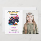Roze Monster Truck Verjaardag Uitnodigingen Foto (Voorkant)