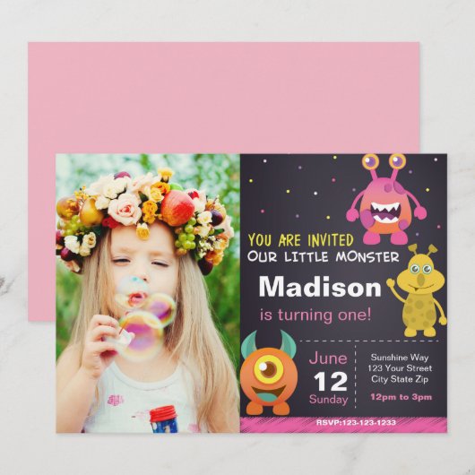 Roze Monster Uitnodiging met foto (Voorkant / Achterkant)