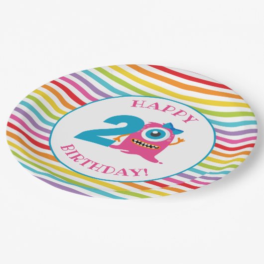 Roze Monster Verjaardagsfeestje Papieren Bordje (Gekanteld)
