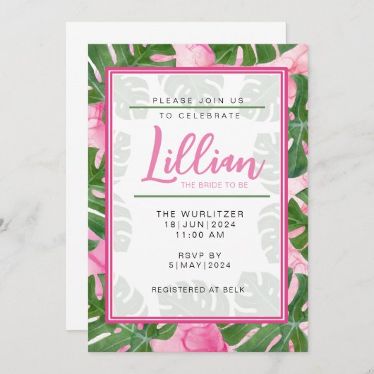 Roze Monstera bruids douche uitnodiging (Voorkant / Achterkant)