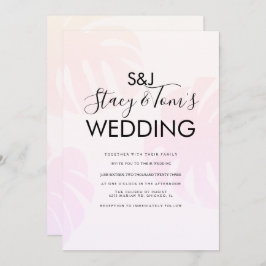 Roze Monstera Hand Drawn Botanical Wedding Kaart