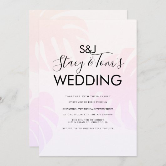 Roze Monstera Hand Drawn Botanical Wedding Kaart (Voorkant / Achterkant)