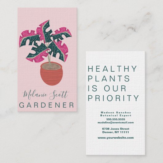 Roze Monstera Plant hand getekend Visitekaartje (Voorkant / Achterkant)