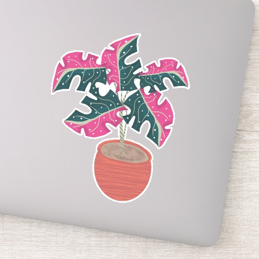 Roze Monstera Plant Handgetekend Sticker (Detail)