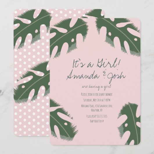 Roze Monstera Tropical Girls Greenery Baby shower Kaart (Voorkant / Achterkant)