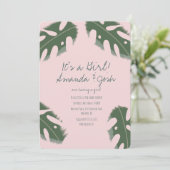 Roze Monstera Tropical Girls Greenery Baby shower Kaart (Staand voorkant)