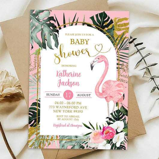 Roze Monstera Tropisch Flamingo Baby shower Kaart