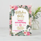 Roze Monstera Tropisch Hawaïaans Verjaardagsfeest Kaart (Staand voorkant)