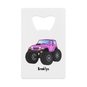 Roze monstertruck cartoon illustratie creditkaart flessenopener