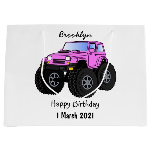 Roze monstertruck cartoon illustratie groot cadeauzakje (Voorkant)