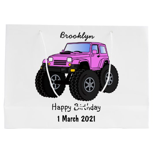 Roze monstertruck cartoon illustratie groot cadeauzakje (Achterkant)