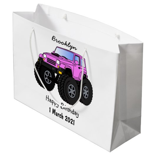 Roze monstertruck cartoon illustratie groot cadeauzakje (Achterkant Gekanteld)