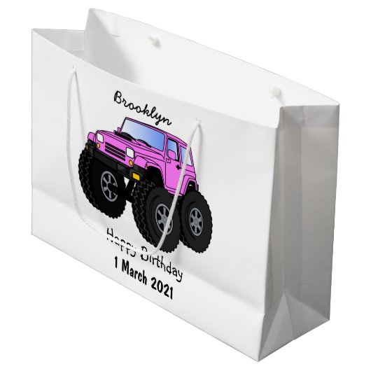 Roze monstertruck cartoon illustratie groot cadeauzakje (Voorkant Gekanteld)