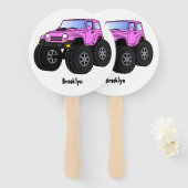 Roze monstertruck cartoon illustratie handwaaier (Voorkant en achterkant)