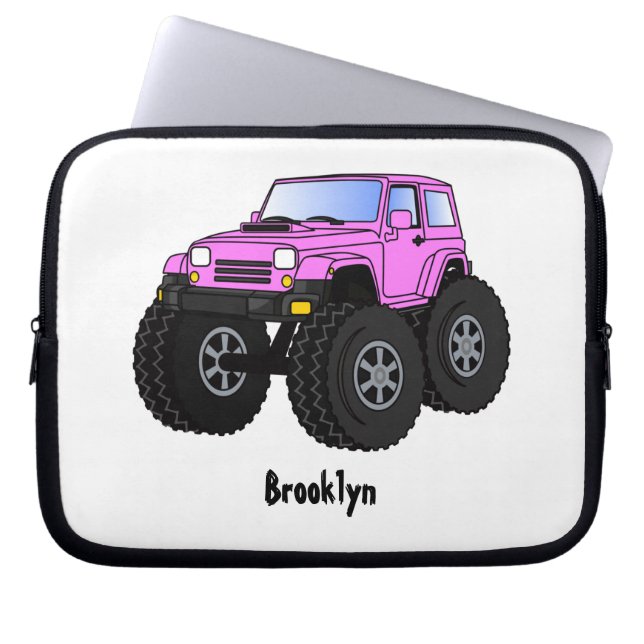Roze monstertruck cartoon illustratie laptop sleeve (Voorkant)