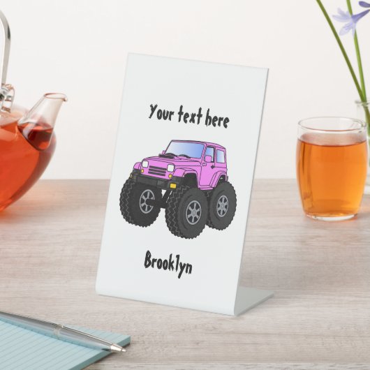 Roze monstertruck cartoon illustratie reclamebord met voetstuk (Insitu)