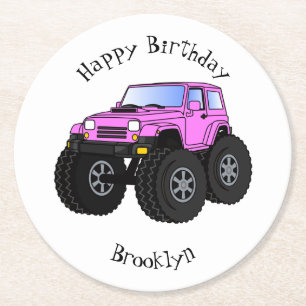 Roze monstertruck cartoon illustratie ronde kartonnen onderzetter