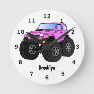 Roze monstertruck cartoon illustratie ronde klok