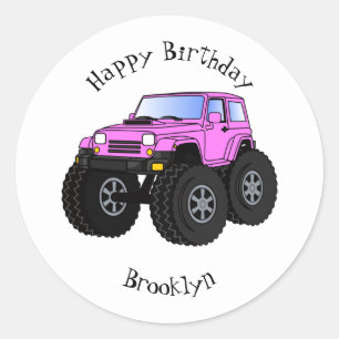 Roze monstertruck cartoon illustratie ronde sticker
