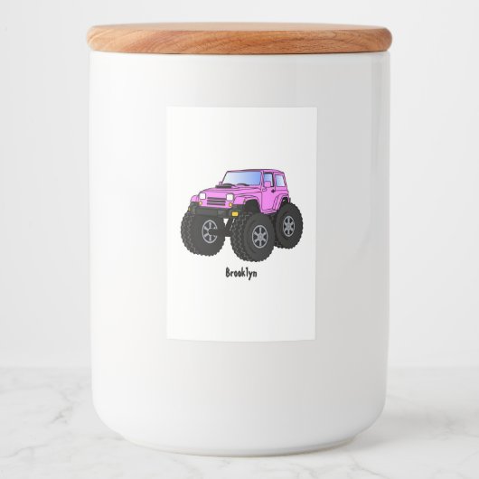 Roze monstertruck cartoon illustratie voedselcontainer etiket (Voorkant)
