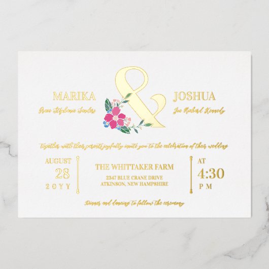 Roze Mooie Bloemen Ampersand Typografie Bruiloft Folie Uitnodiging (Voorkant)