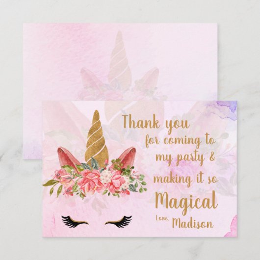 Roze Mooie Pasta Bloem Unicorn Verjaardag Bedankkaart (Voorkant / Achterkant)