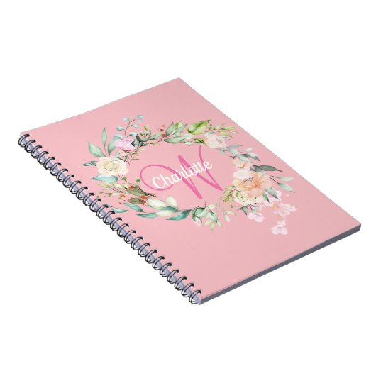 Roze Mooie Rozen Bloemig Monogram Notitieboek (Rechterzijde)