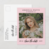 Roze mooie Script Sweet 16 Foto slaat de datum op Aankondigingskaart (Voorkant / Achterkant)