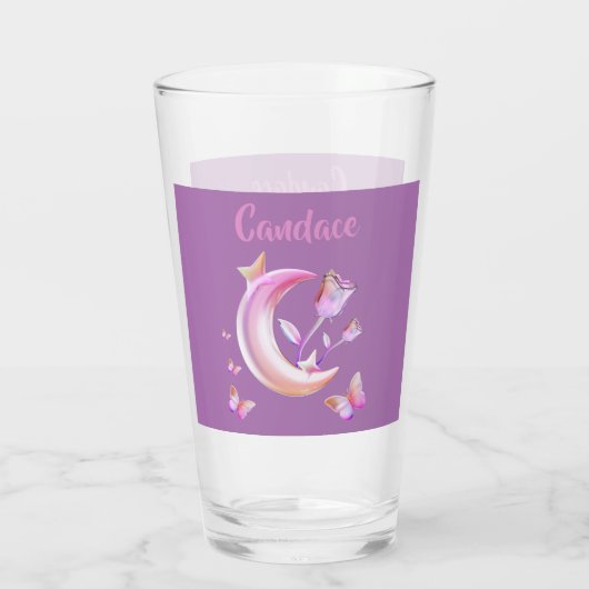 Roze- Moon, Butterfly, Floral - Monogram | Glas (Achterkant)