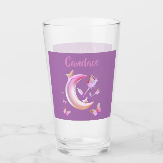  Roze- Moon, Butterfly, Floral - Monogram | Glas (Voorkant)