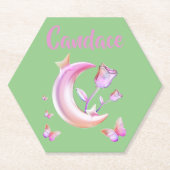  Roze- Moon, Butterfly, Floral - Monogram | Kartonnen Onderzetters (Voorkant)