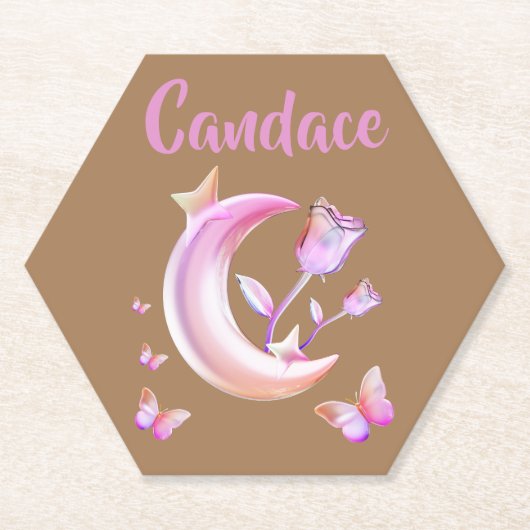  Roze- Moon, Butterfly, Floral - Monogram | Kartonnen Onderzetters (Voorkant)