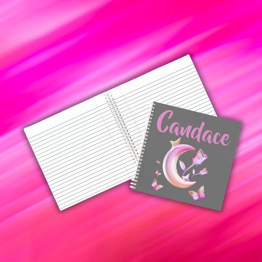  Roze- Moon, Butterfly, Floral - Monogram | Notitieboek